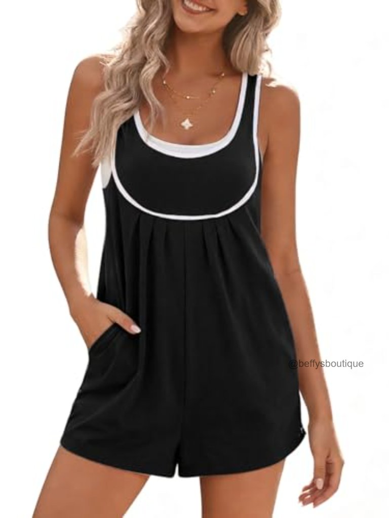 Loose Sleeveless Color Block Shorts Romper With Pockets